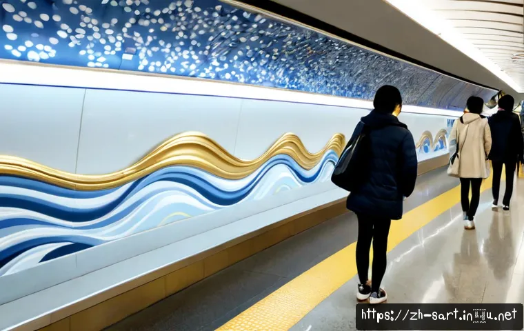 서울 지하철 아트 프로젝트 사례 - Photorealistic Seoul subway platform transformed by a public art project, a sweeping wall mural of a...