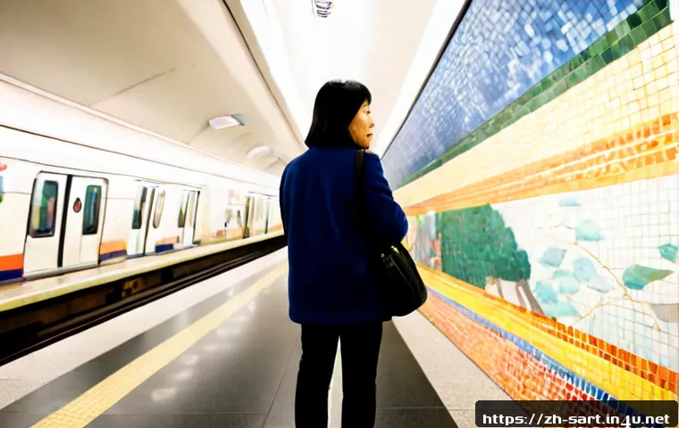 지하철 예술 작품 탐방 - Photorealistic underground metro station art tour, a curious middle-aged traveler studying a large c...